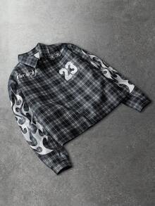 ROMWE MEN Street Life Veste à manches longues à carreaux pour hommes avec motif numérique en forme de flamme, automne/hiver