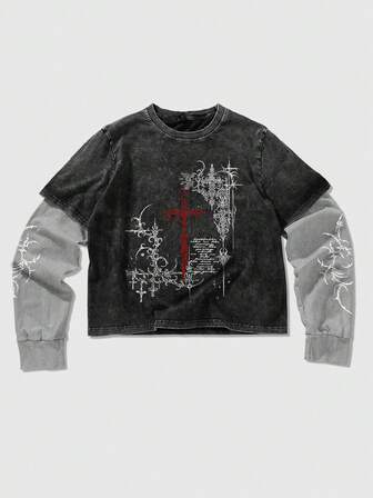 Herren Farbblock Grafik Muster Rundhals Lässig Langarm T-Shirt