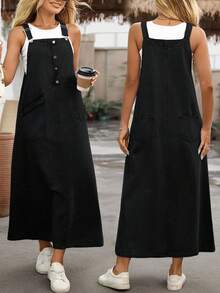 EMERY ROSE Plus Size Loose Washed Denim Pinafore Dress - Black - View 1