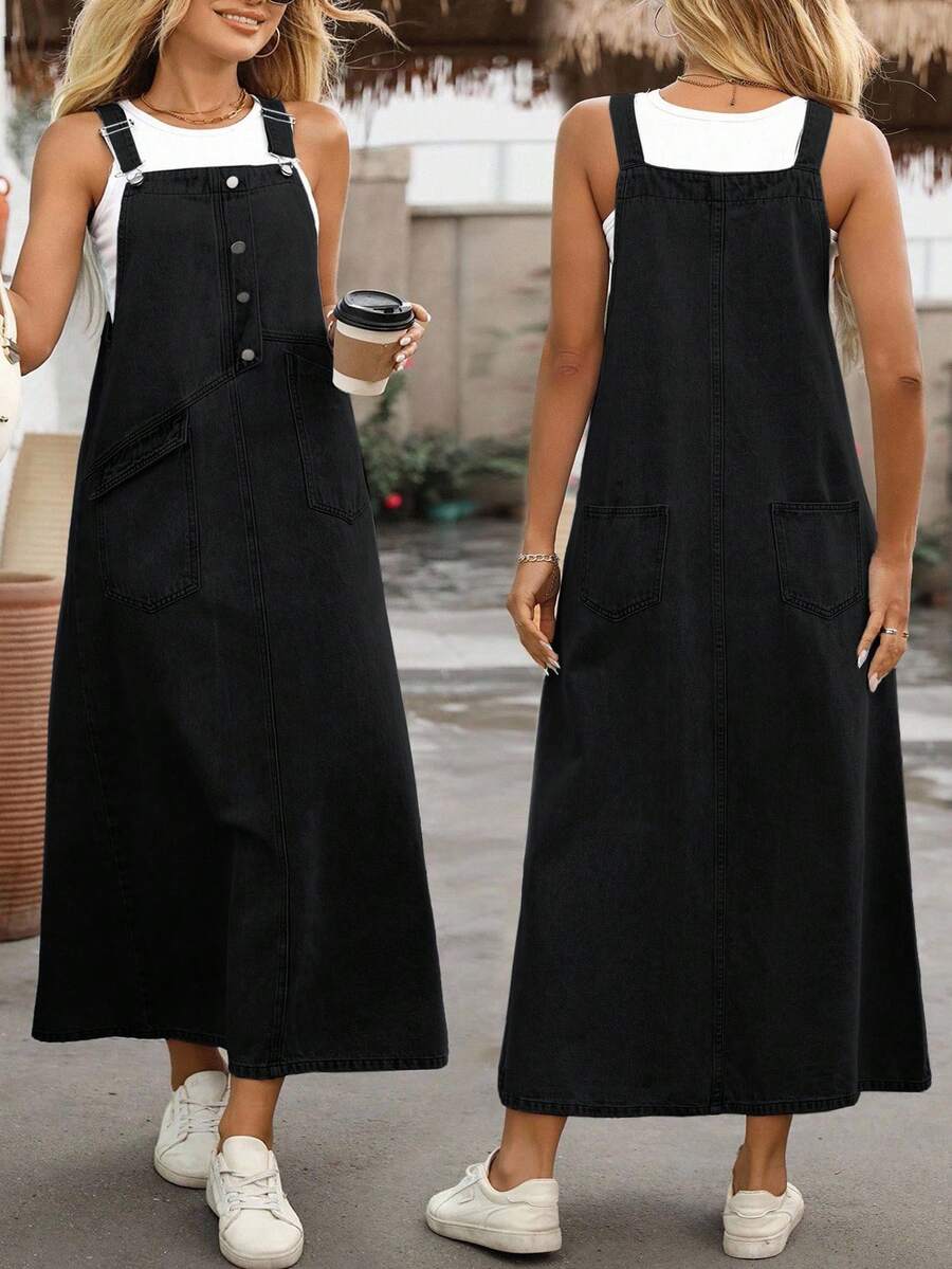 EMERY ROSE Plus Size Loose Washed Denim Pinafore Dress - Black - View 1