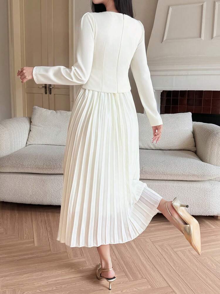 Women's Elegant Studded Square Neck Puff Sleeve Mid-Length Dress, Autumn Wedding Guest Dress