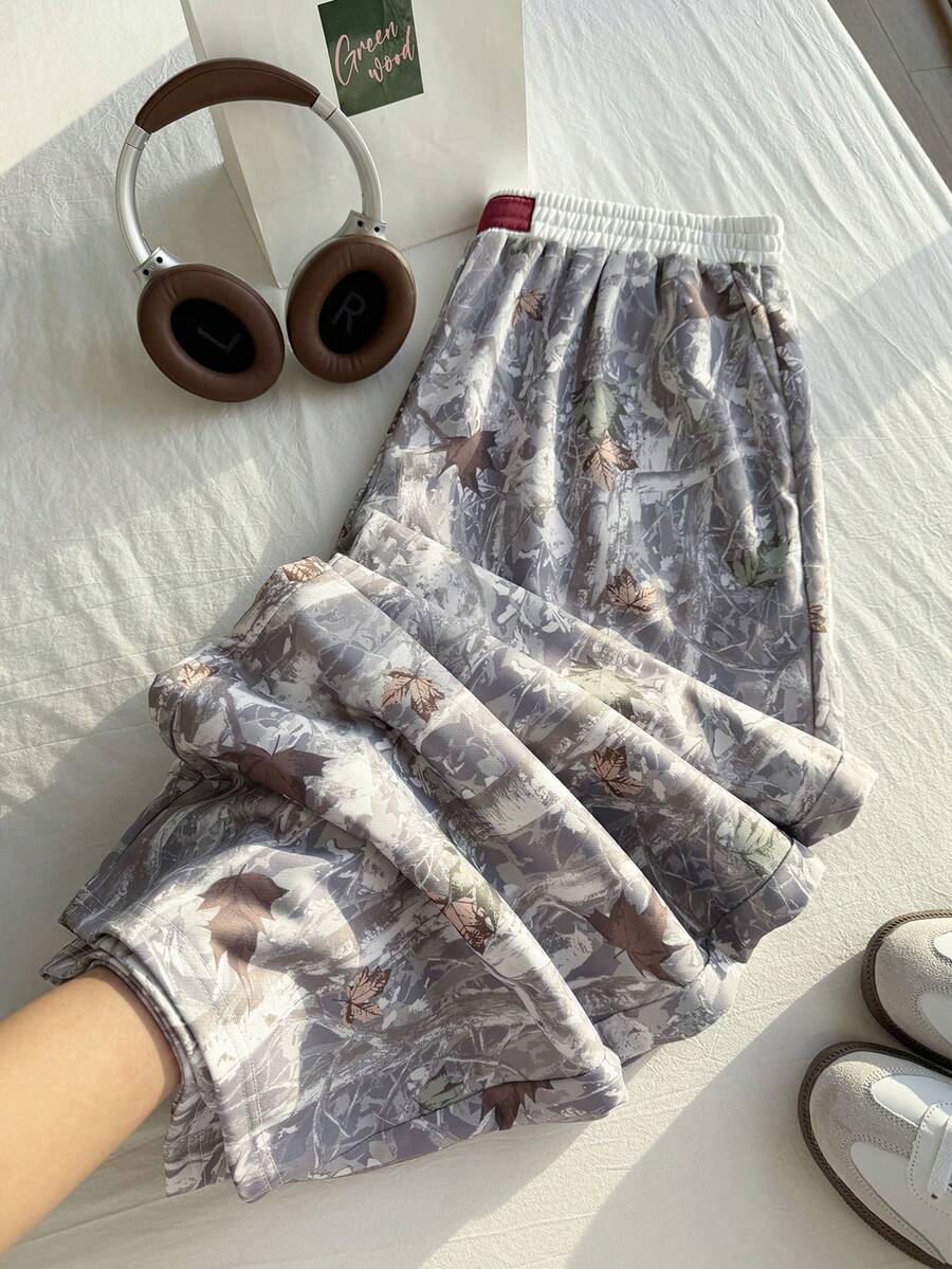 Comfortcana Quần dài cạp cao họa tiết lá mùa thu cổ điển cỡ lớn, phù hợp cho mùa xuân và mùa thu - Xám - Xem 1