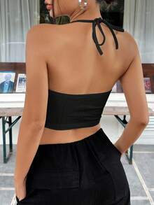 SHEIN EZwear 黑色實色無背心連身上衣 - 黑色 - 查看 2