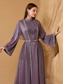SHEIN Najma 优雅3D立体花卉装饰拼接女士系带修身连衣裙 - 紫色 - 查看 7