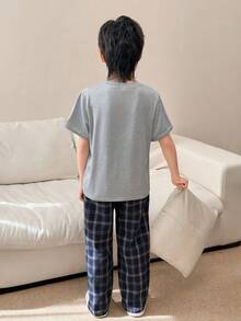 SHEIN 2pcs Tween Boy Casual Letter Embroidered Round Neck Short Sleeve T-Shirt And Plaid Pattern Loose Fit Pajama Pants Set - Grey - View 2