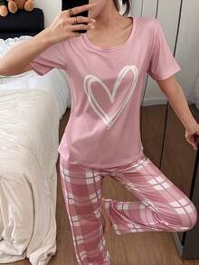 SHEIN 2pcs/Set Heart Plaid Print Pink Casual Sleepwear Shorts & Top Set - Multicolor - View 6