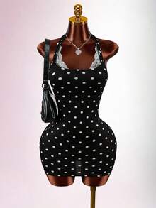 Amplova 浪漫波点撞色蕾丝收腰修身基本款蕾丝边袖性感显瘦连衣裙 - 彩色 - 查看 3