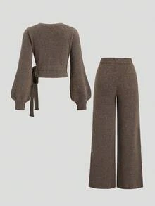 Sweetra 2pcs/Set Brown Italian Style Tie-Up Slim Fit V-Neck Cardigan And Straight Leg Wide Pants Casual Elegant Street Knit Sweater Set, Autumn/Winter - Coffee Brown - View 2