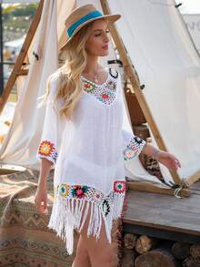 Swim Vcay 女式寬鬆V領流蘇邊海灘休閒遮陽衣 - 彩色 - 查看 3