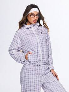 Exploreva Exploreva 女士休闲运动格子印花插肩袖拉链连帽外套，春秋季 - 彩色 - 查看 6
