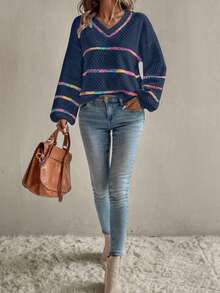 Chiquease Locker sitzender gestreifter Strickpullover für Damen, Herbst/Winter - marineblau - Übersicht 3