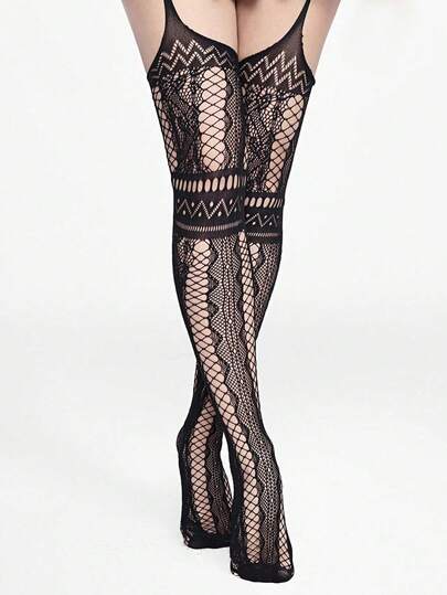 Grunge Punk 1 par de medias liguero de color negro sólido y sexy, estilo minimalista, con diseño geométrico transparente, mallas ultra delgadas y elásticas de efecto velo