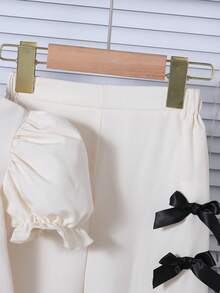 Genkimix Kids 女童撞色滚边圆领泡泡袖上衣配蝴蝶结装饰和松紧腰裤套装