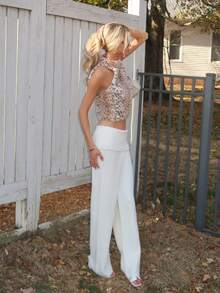 Sydney Algeri 女士蓬松豹纹露背时尚衬衫、豹纹服装、豹纹上衣、皮草上衣 - 彩色 - 查看 4