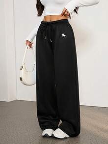 SHEIN PETITE 休闲运动风小马图案女式秋冬宽松抽绳腰运动裤，适合上学季和日常穿着，学院风 - 黑色 - 查看 10