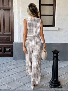 Pariaura Bộ áo khoác cardigan kẻ caro không tay và quần dài cho nữ - Màu be - Xem 3