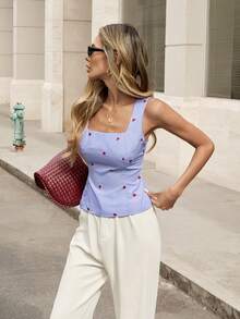 Pariaura Nueva blusa elegante francesa para mujer: diseño de bloque de color con bordado de corazón a rayas, elemento de lazo en la espalda abierta, creando un aspecto llamativo de prenda exterior - Azul - Ver 5