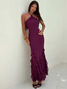 Aloruh 女士浪漫荷叶边系领修身连衣裙 - 中紫紅色 - 查看 6