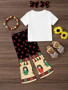 SHEIN 2pcs/Set Young Girl Cartoon Casual Round Neck Short Sleeve Top And Flare Pants - Multicolor - View 4