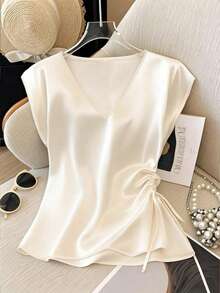 EMERY ROSE Áo sơ mi nữ cổ chữ V dây rút bên hông cỡ lớn - Màu be - Xem 1