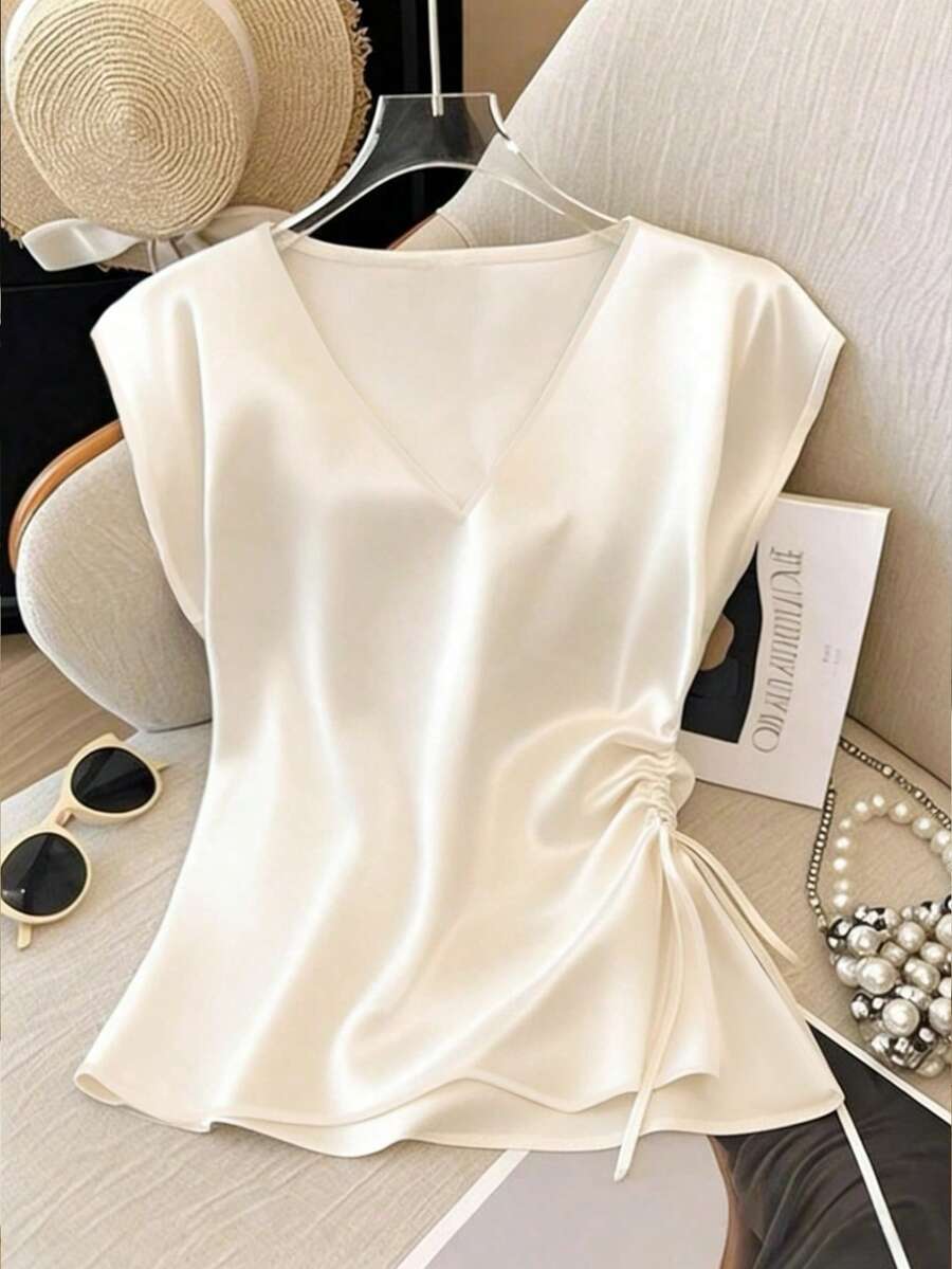 EMERY ROSE Áo sơ mi nữ cổ chữ V dây rút bên hông cỡ lớn - Màu be - Xem 1