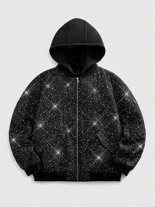 ROMWE MEN Street Life Men's Shiny Zipper Front Casual Hooded Winter Jacket - Black - View 1