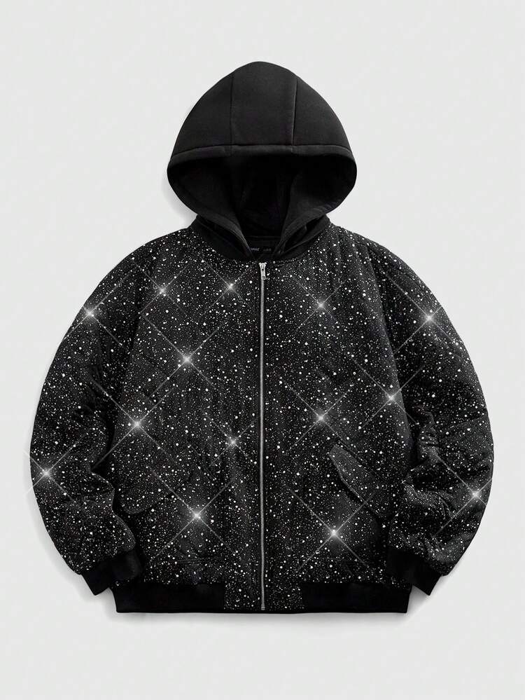 ROMWE MEN Street Life Men's Shiny Zipper Front Casual Hooded Winter Jacket - Black - View 1