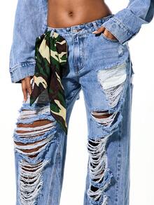 SUMWON Jeans en denim à taille haute et jambes larges, déchirés avec des trous extrêmes et des détails de bas bruts pour un look casual de rue en grandes tailles - Jean clair - Voir 5