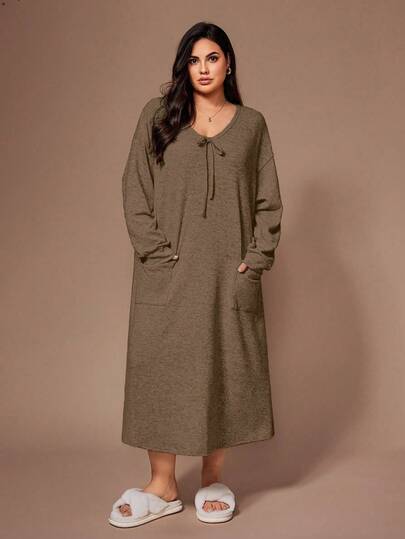 Lazeform 柔软亲肤的印花雪纺休闲双口袋蝴蝶结睡裙