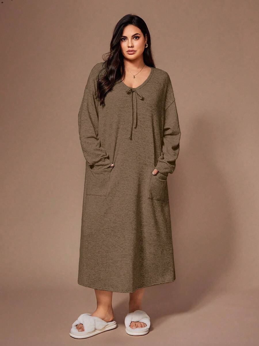 Lazeform 柔软亲肤的印花雪纺休闲双口袋蝴蝶结睡裙 - 咖啡棕 - 查看 1