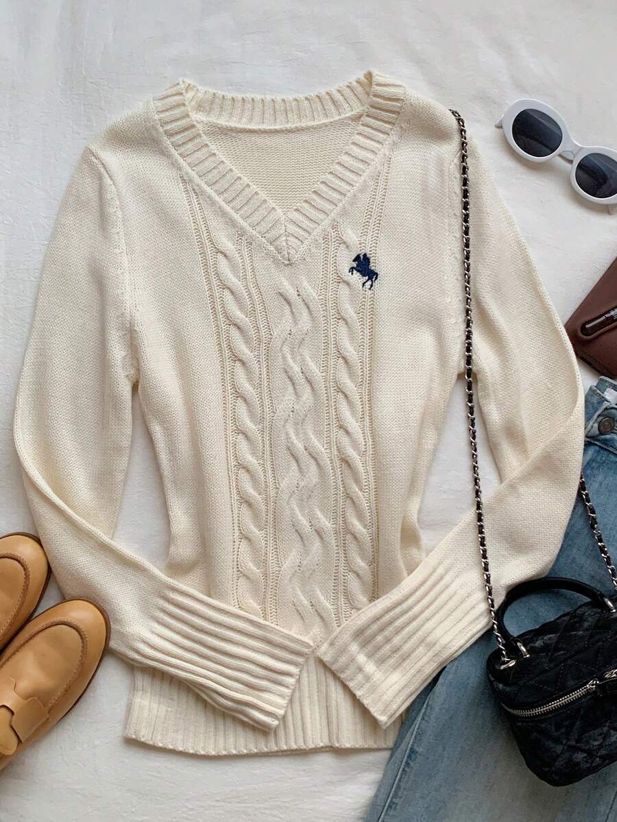 SHEIN EZwear 女式 V 领长袖修身休闲毛衣，日常穿着，秋冬季上学上衣