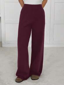 SHEIN EZwear 女士纯色简约毛衣裤套装，休闲日常穿着 - 酒紅色 - 查看 4