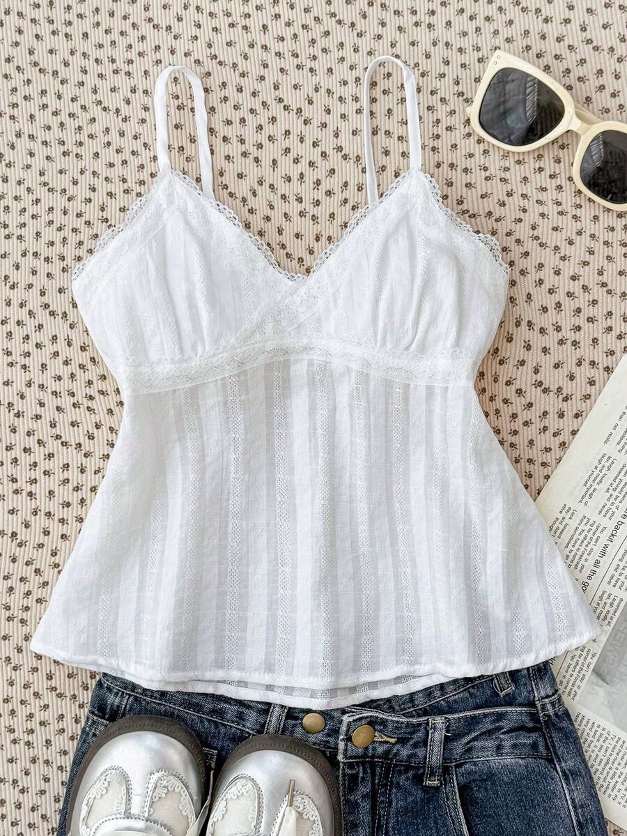 SHEIN Tween Girls Elegant Solid Color Lace Trim Camisole, Suitable For Summer, Vacation, Casual, - White - View 1