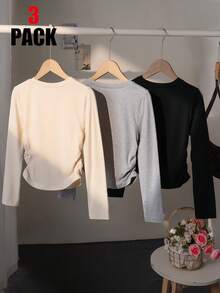 3 件套女童圆领长袖修身 T 恤，带蝴蝶结图案，适合日常穿着的休闲上衣，秋季 - 杏色 - 查看 2