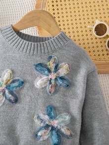 Sparklyn Young Girl Floral Applique Decor Round Neck Long Sleeve Casual Sweater, Autumn/Winter Girls Sweater Dress Little Girl Floral Long Sleeve Party Dress Girl Clothes Autumn And Winter Clothes Autumn And Winter Young Girls Dressse Girl S Spring And Autumn Dress - Grey - View 5