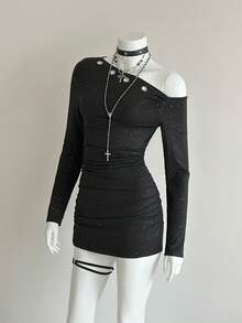 EgrlEra Vestido mini asimétrico con ojales de metal de moda para fiesta - Negro - Ver 4