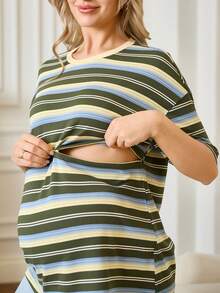 SHEIN Maternity Casual Striped Nursing Top, Summer Lingerie Lingerie Set Underwear Women Pajama Pajama Dress Loungewear Nightgown Robe Sleepwear Sleepwear Set Tank Top With Bra Nursing Tops Nursing Shirts For Breastfeeding Maternity Shirt Pregnancy Shirts