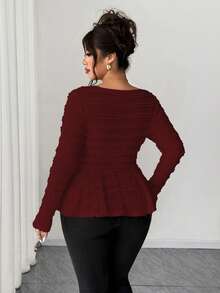 Elenzga Áo sơ mi du lịch đi làm thường ngày xuân/hè/thu mới cỡ lớn dành cho nữ, vải có họa tiết, viền bất đối xứng, tay chuông, thiết kế trang trí kim loại bên hông, mùa thu - Màu đỏ tím - Xem 2