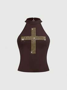 ROMWE Grunge Punk Y2K Sexy Metallic Cross Stud Backless Fitted Crop Top - Coffee Brown - View 1