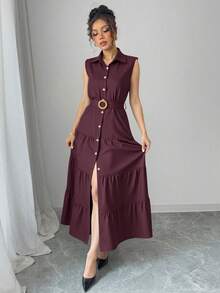 Elenzga Women's Solid Color Single-Breasted Ruffle Hem Sleeveless Shirt Dress - Red Violet - View 3