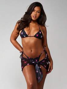 Missguided x Playboy 网纱沙滩罩衫，兔子印花，系带设计，适合夏季度假沙滩泳池派对 - 黑色 - 查看 4