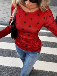 Pariaura Women's Casual Red Random Heart Print Ruched Long Sleeve Round Neck T-Shirt - Red - View 7