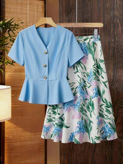 GlowEve CURVE 大码女式休闲时尚蓝色金属纽扣衬衫和印花半裙两件套，秋季