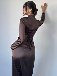 Firerie 女士优雅水滴领棕色连衣裙，派对礼服/节日装扮/晚宴礼服/优雅女士连衣裙/棕色连衣裙/仿丝缎亮片连衣裙/新年连衣裙 - 棕色 - 查看 4