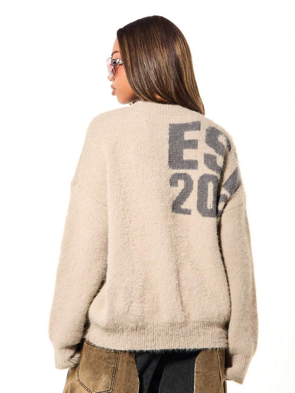 SUMWON Oversized Fluffy Knit Sweater With Varsity Graphic Print Est 2025 Numbers Long Sleeve Crew Neck Fall Winter Casual Pullover