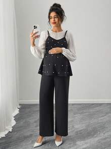 SHEIN Maternity Round Neck 2 In 1 Beaded Decor Long Sleeve Top And Wide Leg Pants Casual Outfit - Black - View 3