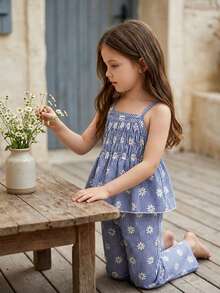 Vintaside Kids 两件套女童格纹碎花印花无袖上衣和配套长裤，修身款式，适合外出、休闲、运动、派对等场合。