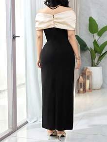 Feyla Women's Elegant Party Color Block Off Shoulder Rhinestone Decor Dress - Black - View 8