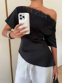 Siren Gaze Elegant Black Satin Top With An Off-The-Shoulder Neckline And Lace Trim. This Short-Sleeved, Asymmetrical Hem T-Shirt Features A Slimming And Flattering Silhouette, Making It A Stylish And Versatile Choice For Both Work And Casual Wear. Summer - Black - View 1