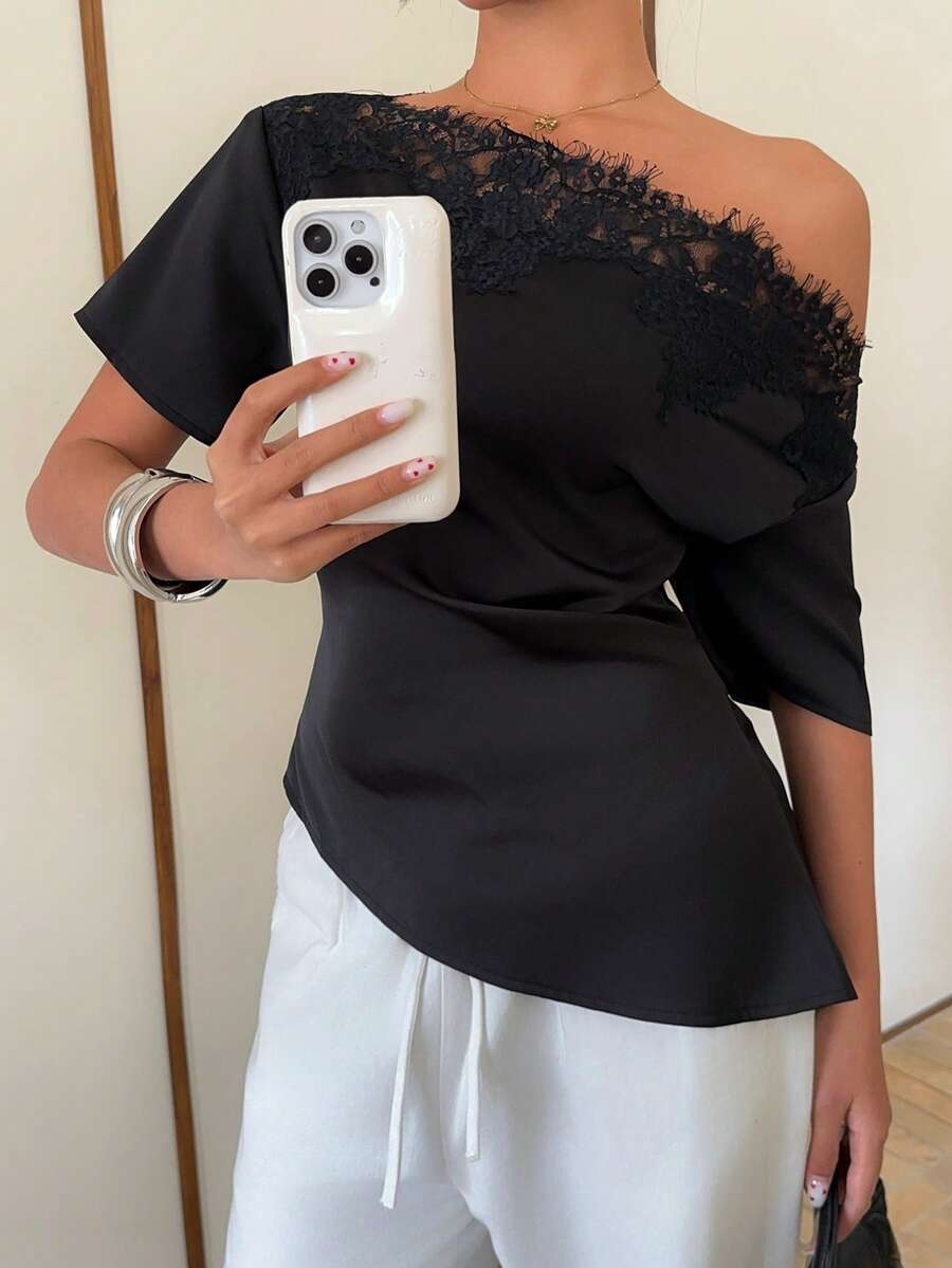 Siren Gaze Elegant Black Satin Top With An Off-The-Shoulder Neckline And Lace Trim. This Short-Sleeved, Asymmetrical Hem T-Shirt Features A Slimming And Flattering Silhouette, Making It A Stylish And Versatile Choice For Both Work And Casual Wear. Summer - Black - View 1
